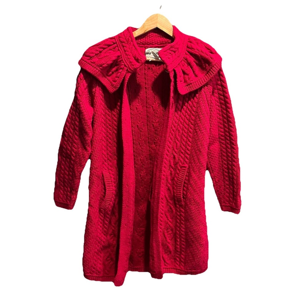 Aran Crafts Red Merino Wool Collared Women's Cardigan Sweater Size Large‎